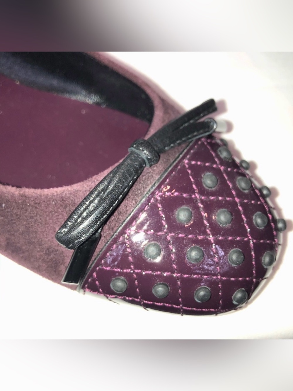 Tod’s Aubergine Purple Grape Studded Bow Top Leather Ballet Ballerina Flats EU35
